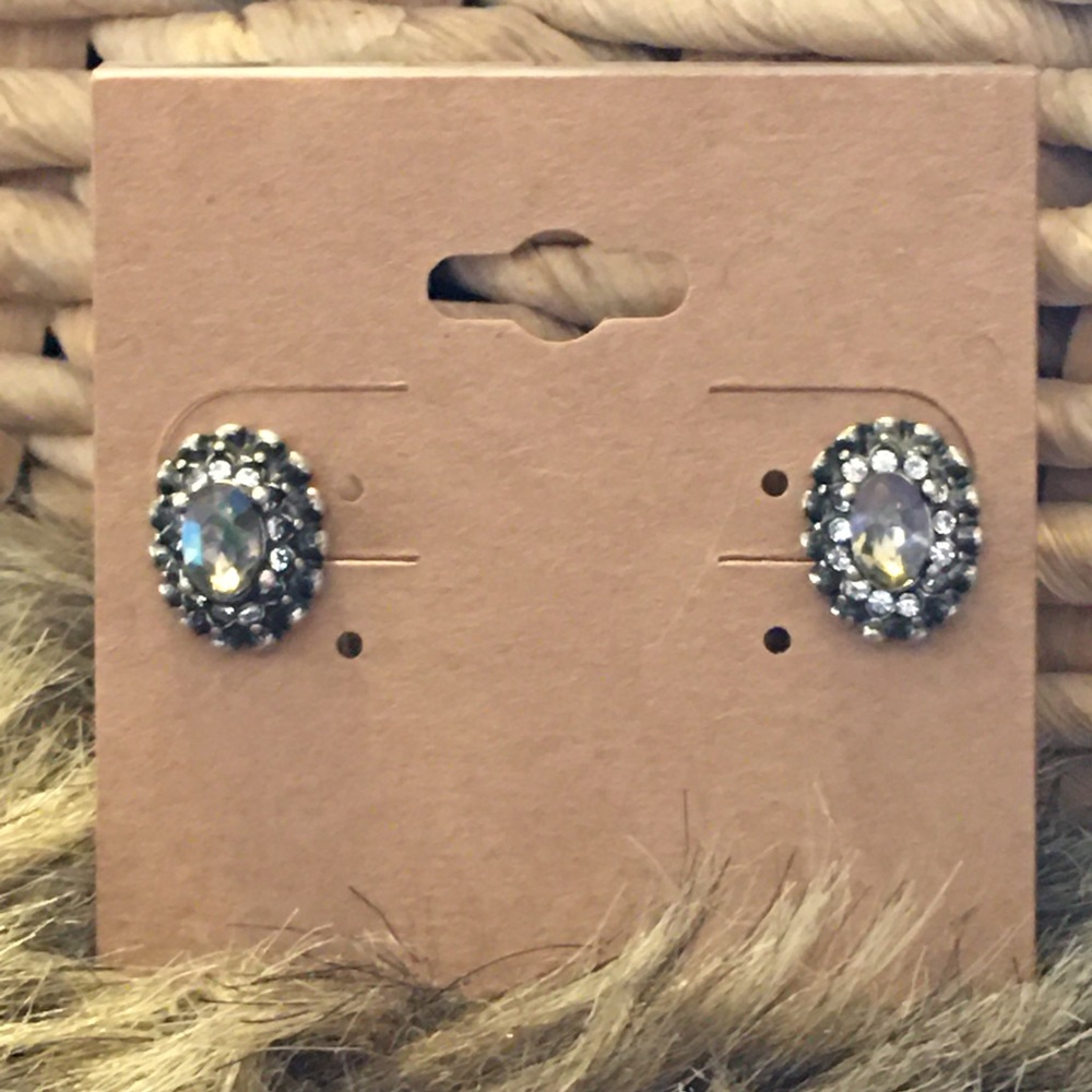 Antique silver tone oval AB rhinestone earrings